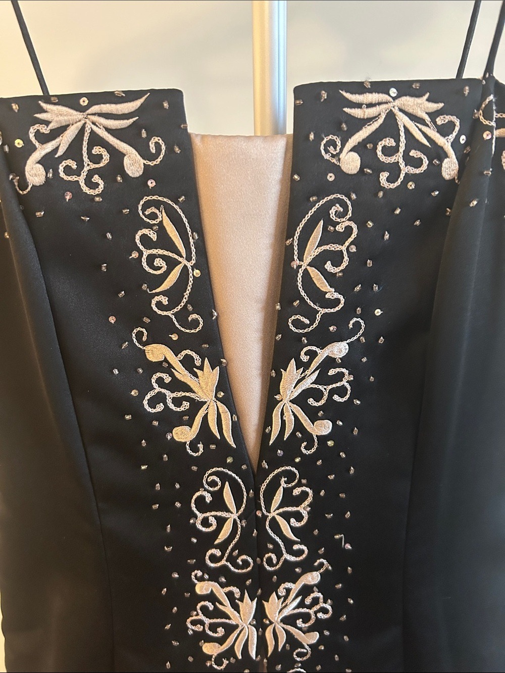 Black Strapless Evening Gown with Cream Embroidery - Picture 3 of 5